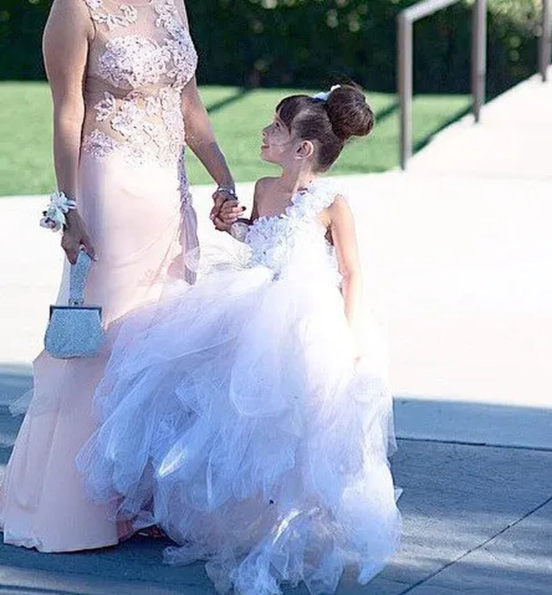 White and Grey Flower Girl Dress Little White Flower Petals Girl Tutu Dress with Train Tulle Wedding Dress Couture