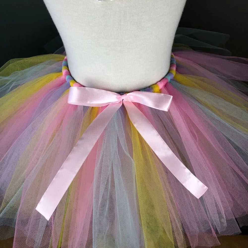 Girls Unicorn Rainbow Tutu Skirts Kids Tulle Skirts Ballet Tutu Pettiskirts with Flower Hairbow Set Children Party Costume Skirt