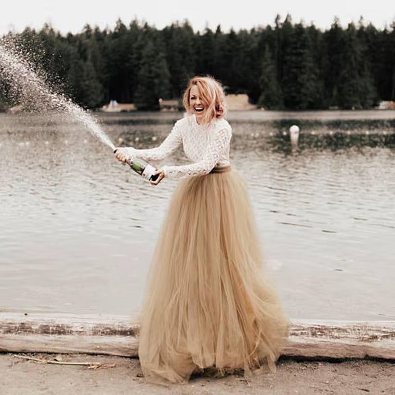High Street Gold Tulle Long Skirt Extra Puffy Ball Gown Bridal Wedding Skirt Vintage Multilayers Tulle Tutu Skirts Women