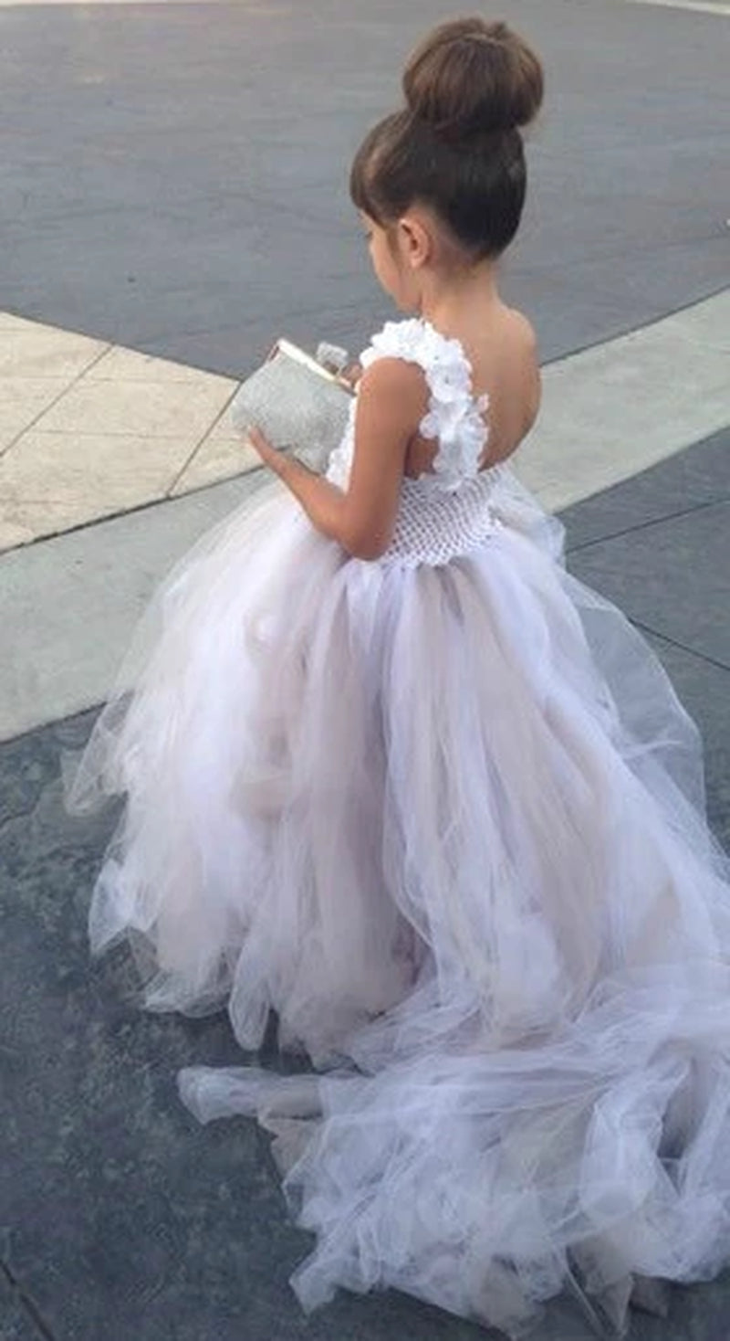 White and Grey Flower Girl Dress Little White Flower Petals Girl Tutu Dress with Train Tulle Wedding Dress Couture