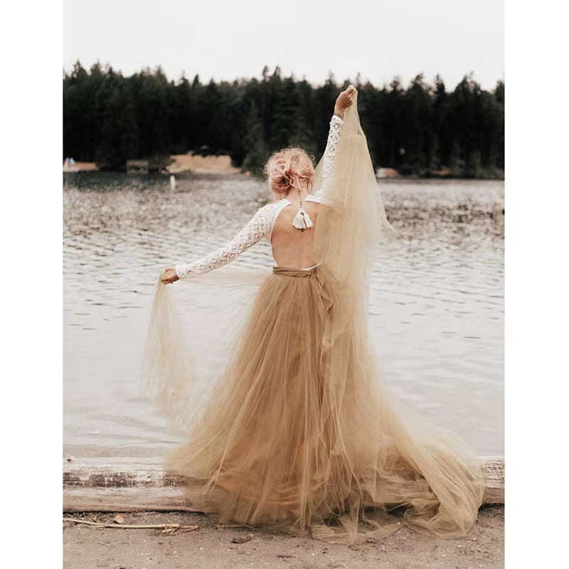 High Street Gold Tulle Long Skirt Extra Puffy Ball Gown Bridal Wedding Skirt Vintage Multilayers Tulle Tutu Skirts Women
