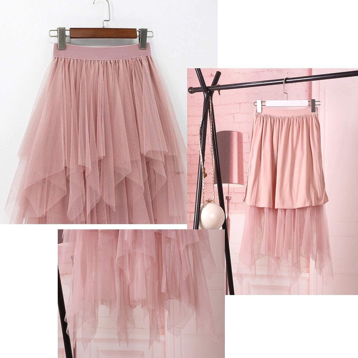 Women'S Tulle Skirt Formal High Low Asymmetrical Midi Length Elastic Waist Tutu Layered Puffy Fairy Skirts
