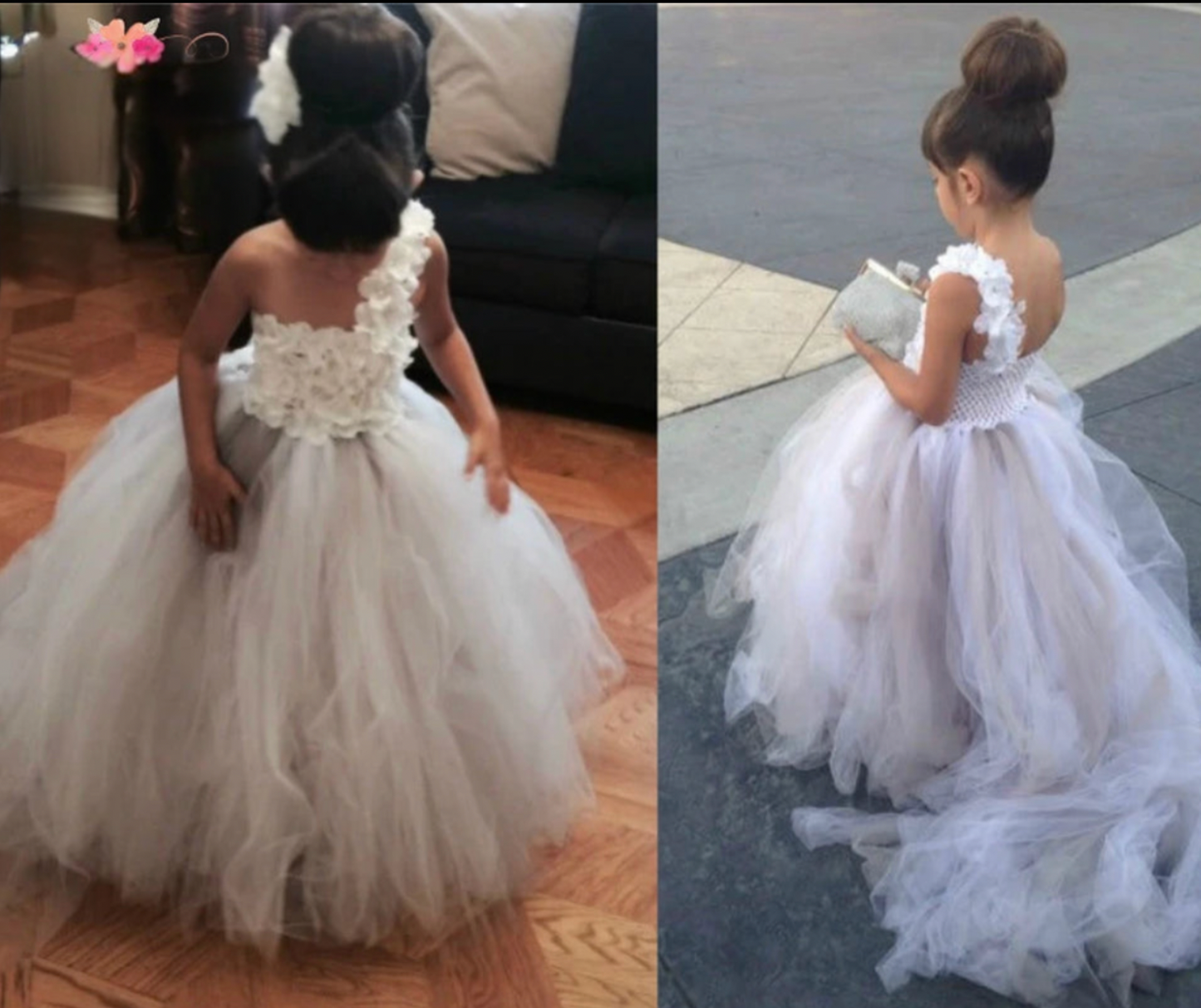 White and Grey Flower Girl Dress Little White Flower Petals Girl Tutu Dress with Train Tulle Wedding Dress Couture