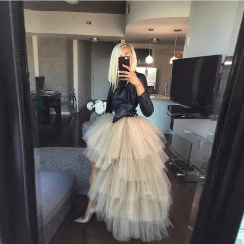 Chic Women Tutu High Low Tulle Skirt Tiered Ruffles Asymmetrical Prom Gown Party Skirts Saia Faldas Custom Made Maxi Tutu Gown