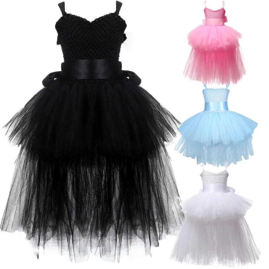 Fancy Kids Dresses for Girls Unicorn Black Girls Tutu Dress Tulle V-Neck Train Girl Evening Birthday Party Dresses D
