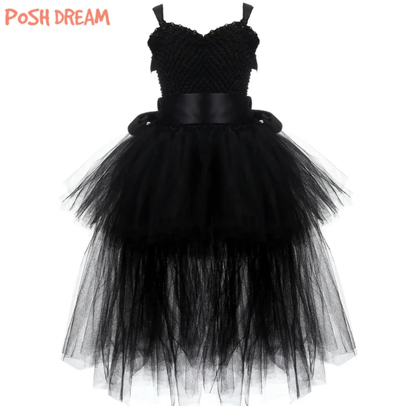 Fancy Kids Dresses for Girls Unicorn Black Girls Tutu Dress Tulle V-Neck Train Girl Evening Birthday Party Dresses D
