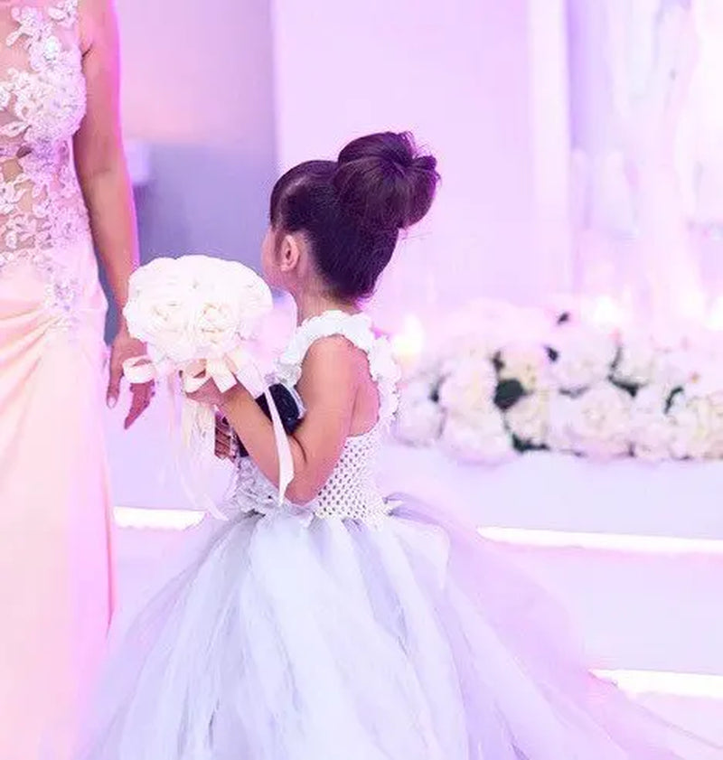 White and Grey Flower Girl Dress Little White Flower Petals Girl Tutu Dress with Train Tulle Wedding Dress Couture