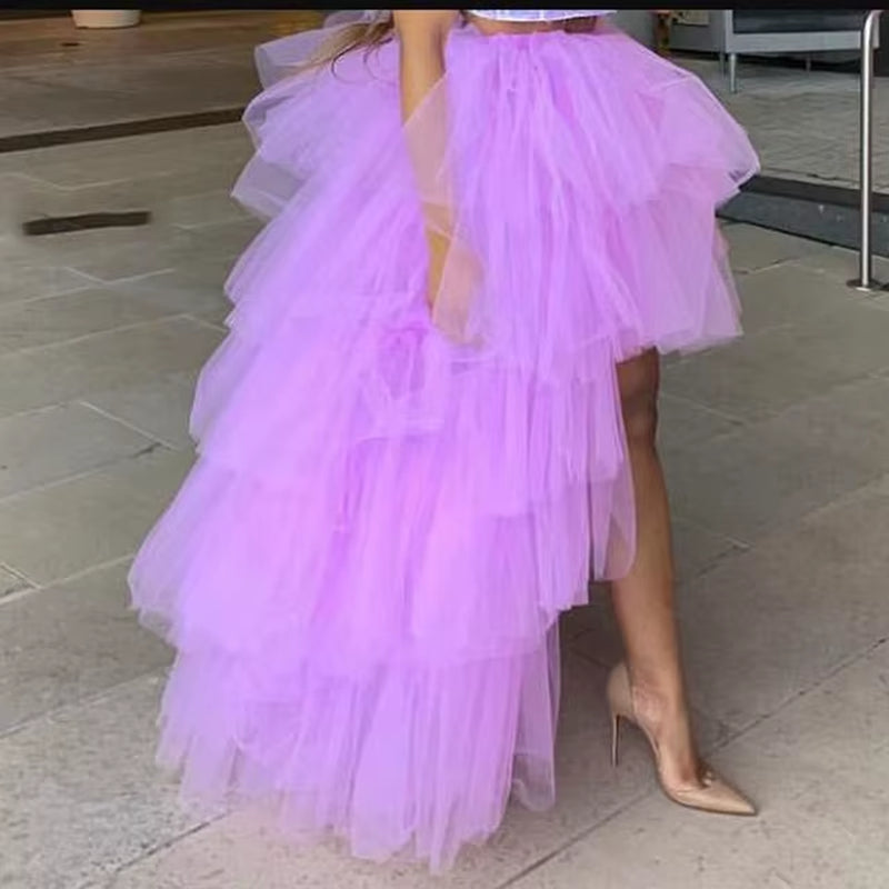 Chic Women Tutu High Low Tulle Skirt Tiered Ruffles Asymmetrical Prom Gown Party Skirts Saia Faldas Custom Made Maxi Tutu Gown