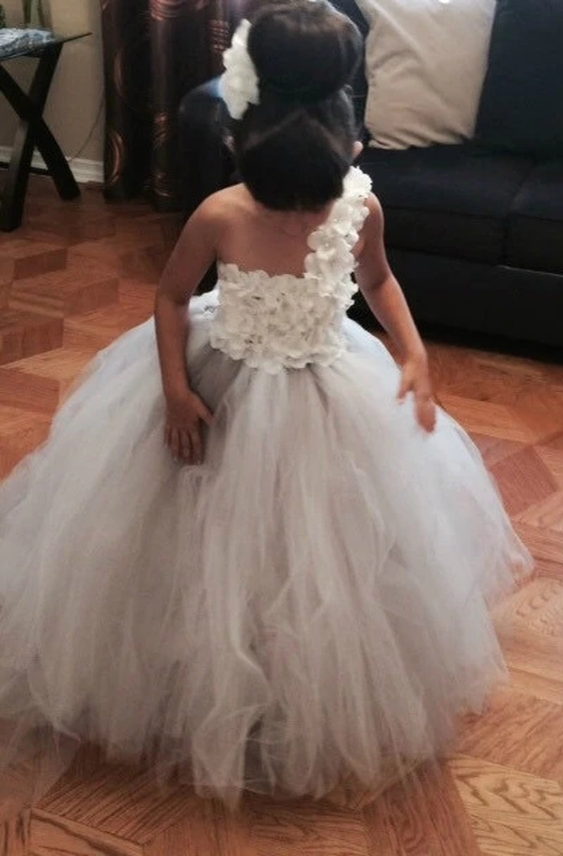 White and Grey Flower Girl Dress Little White Flower Petals Girl Tutu Dress with Train Tulle Wedding Dress Couture