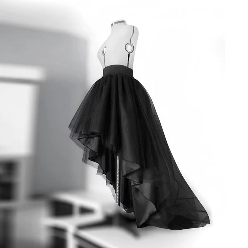 High Low Black Tulle Skirt Asymmetrial Hem Tutu Layered Wedding Bridal Gown High Waist Pleated Prom Skirt Gala Stylish Saia