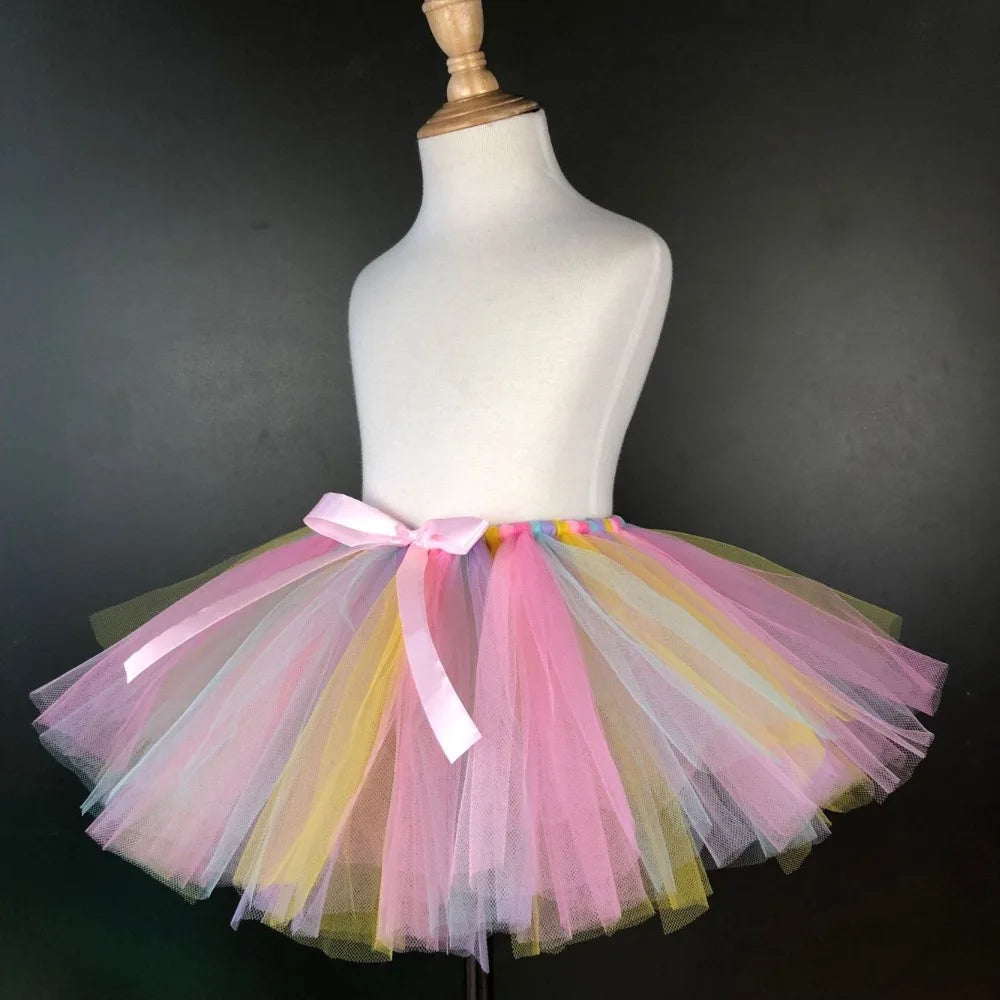 Girls Unicorn Rainbow Tutu Skirts Kids Tulle Skirts Ballet Tutu Pettiskirts with Flower Hairbow Set Children Party Costume Skirt